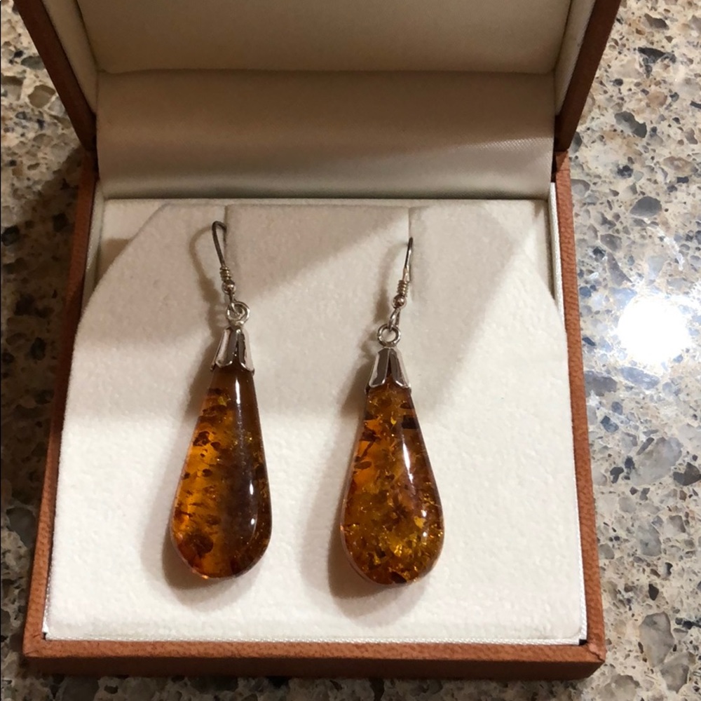 Real amber earrings, sterling setting
